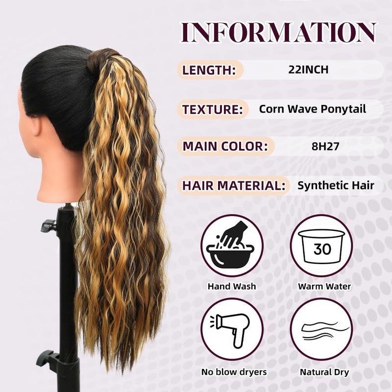 روزمايل وصلة شعر ذيل حصان مموجة بطول 22 بوصة، ذيل حصان صناعي ملفوف بمشبك، ذيل حصان مجعد ومموج، لون بني مختلط أشقر، قطعة شعر للنساء والفتيات ذوات البشرة السمراء (22 بوصة #8H27، بني مختلط أشقر) - Image 3